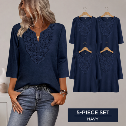 FINAL CLEARANCE - 10-Pack Only $36.99 - Women's Crochet-Yoke Three-Quarter Sleeve Split-Neck Top