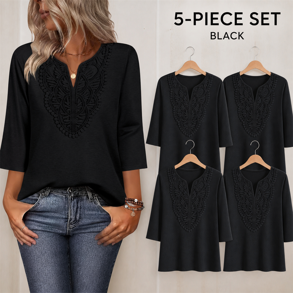 FINAL CLEARANCE - 10-Pack Only $36.99 - Women's Crochet-Yoke Three-Quarter Sleeve Split-Neck Top