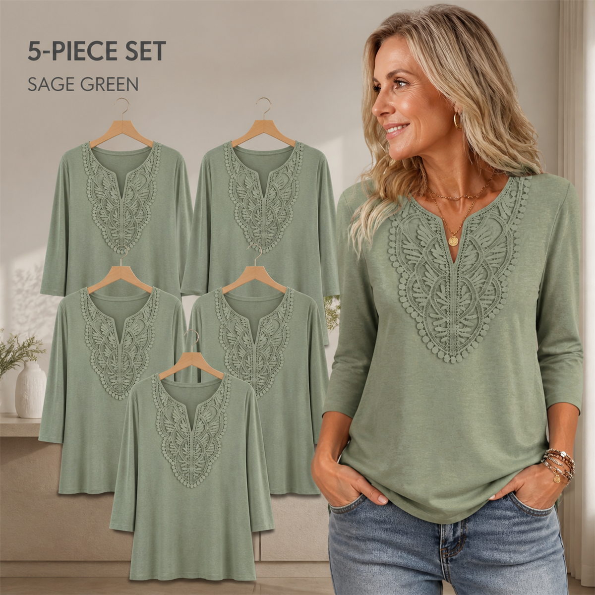 FINAL CLEARANCE - 10-Pack Only $36.99 - Women's Crochet-Yoke Three-Quarter Sleeve Split-Neck Top