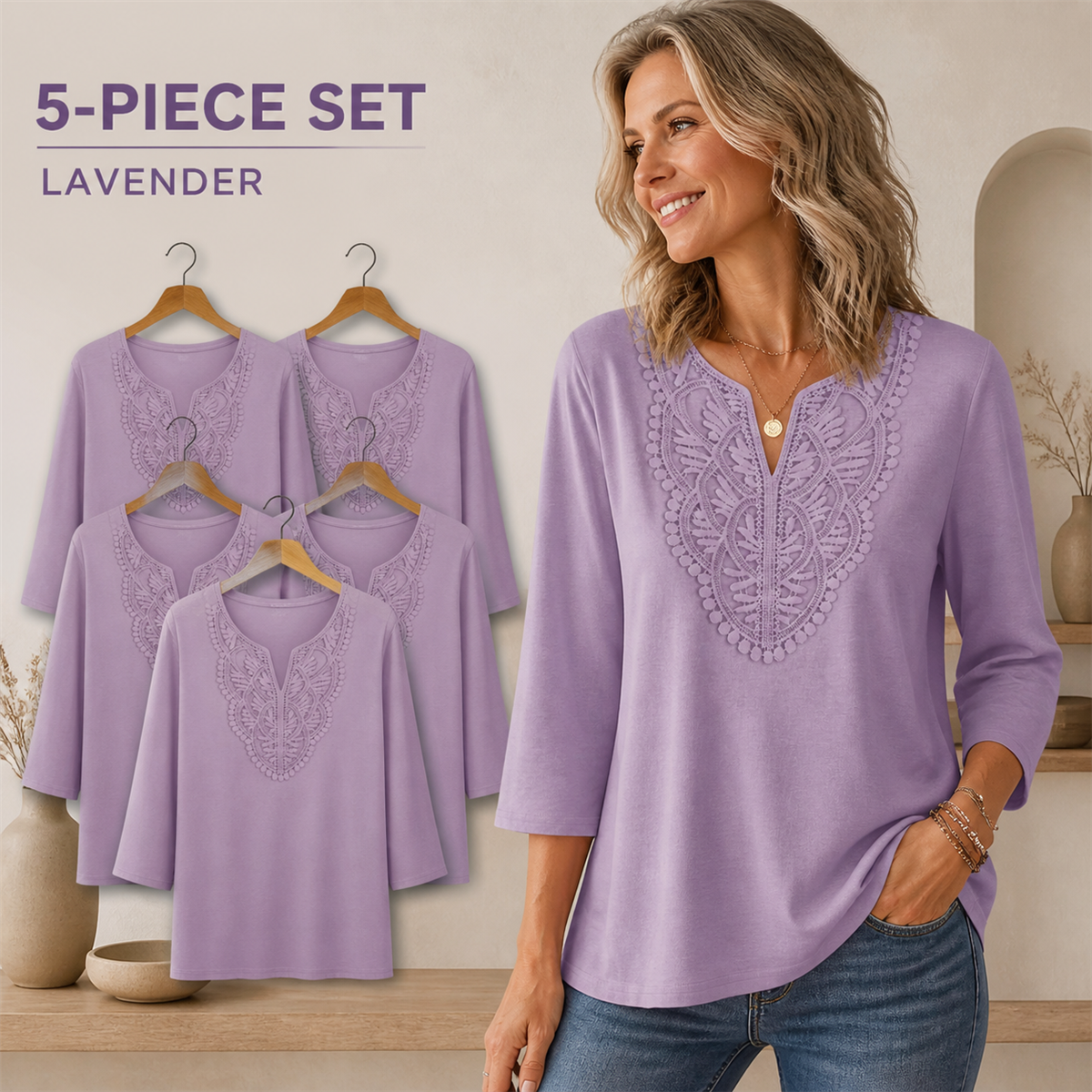 FINAL CLEARANCE - 10-Pack Only $36.99 - Women's Crochet-Yoke Three-Quarter Sleeve Split-Neck Top