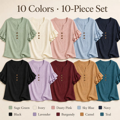 FINAL CLEARANCE - 10-Pack Only $37.99 - Women's Textured Split-Neck Button Flutter-Sleeve Top