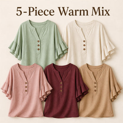 FINAL CLEARANCE - 10-Pack Only $37.99 - Women's Textured Split-Neck Button Flutter-Sleeve Top