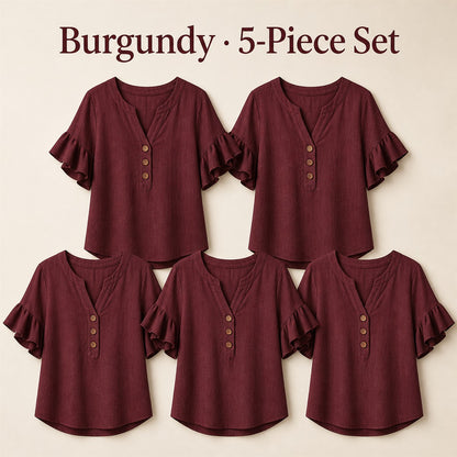 FINAL CLEARANCE - 10-Pack Only $37.99 - Women's Textured Split-Neck Button Flutter-Sleeve Top