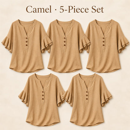 FINAL CLEARANCE - 10-Pack Only $37.99 - Women's Textured Split-Neck Button Flutter-Sleeve Top