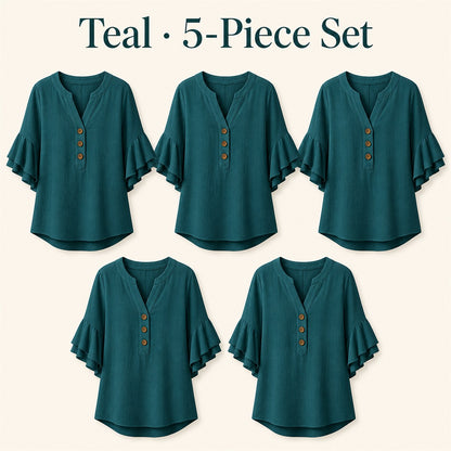 FINAL CLEARANCE - 10-Pack Only $37.99 - Women's Textured Split-Neck Button Flutter-Sleeve Top