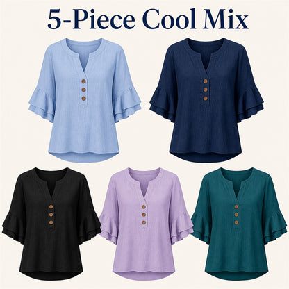 FINAL CLEARANCE - 10-Pack Only $37.99 - Women's Textured Split-Neck Button Flutter-Sleeve Top