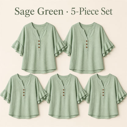 FINAL CLEARANCE - 10-Pack Only $37.99 - Women's Textured Split-Neck Button Flutter-Sleeve Top