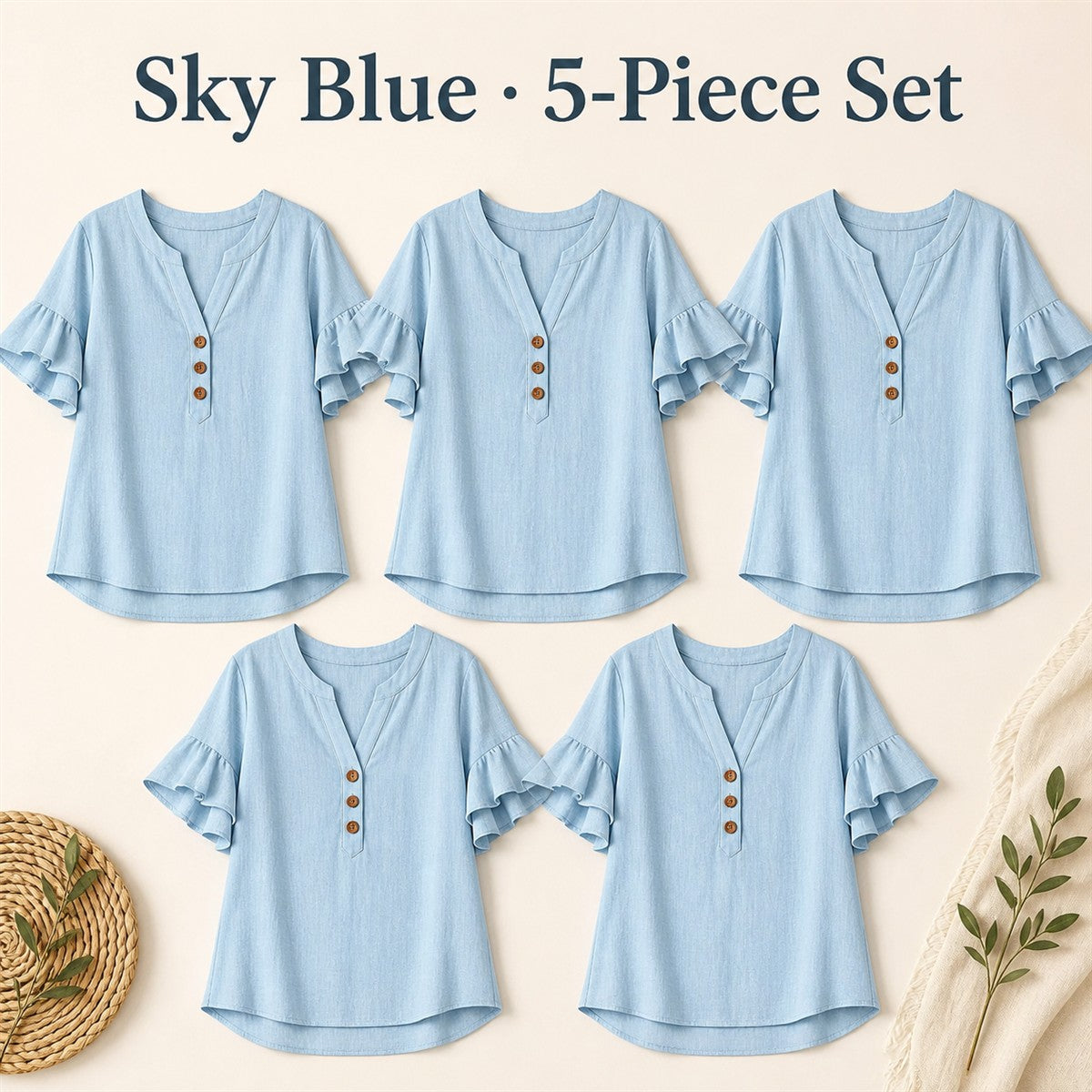 FINAL CLEARANCE - 10-Pack Only $37.99 - Women's Textured Split-Neck Button Flutter-Sleeve Top