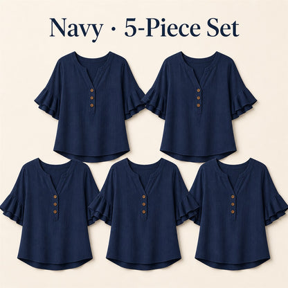 FINAL CLEARANCE - 10-Pack Only $37.99 - Women's Textured Split-Neck Button Flutter-Sleeve Top