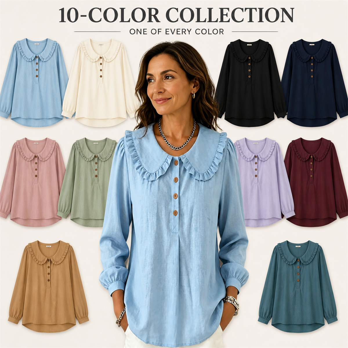 FINAL CLEARANCE - 10-Pack Only $38.99 - Women's Ruffle-Collar Long-Sleeve Button-Placket Blouse