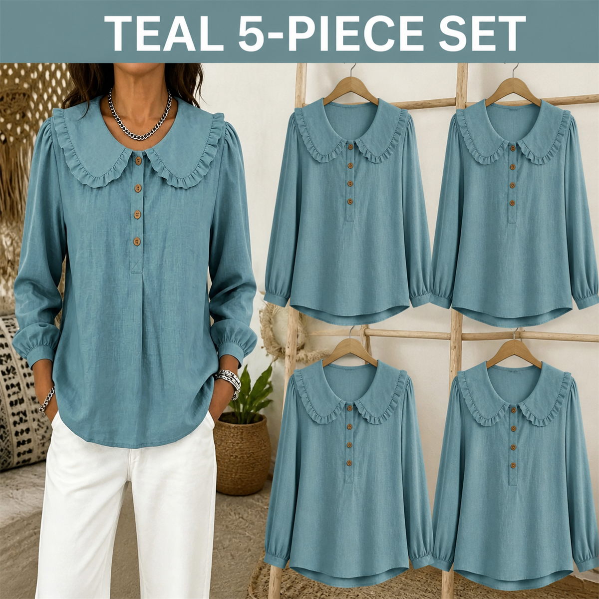FINAL CLEARANCE - 10-Pack Only $38.99 - Women's Ruffle-Collar Long-Sleeve Button-Placket Blouse