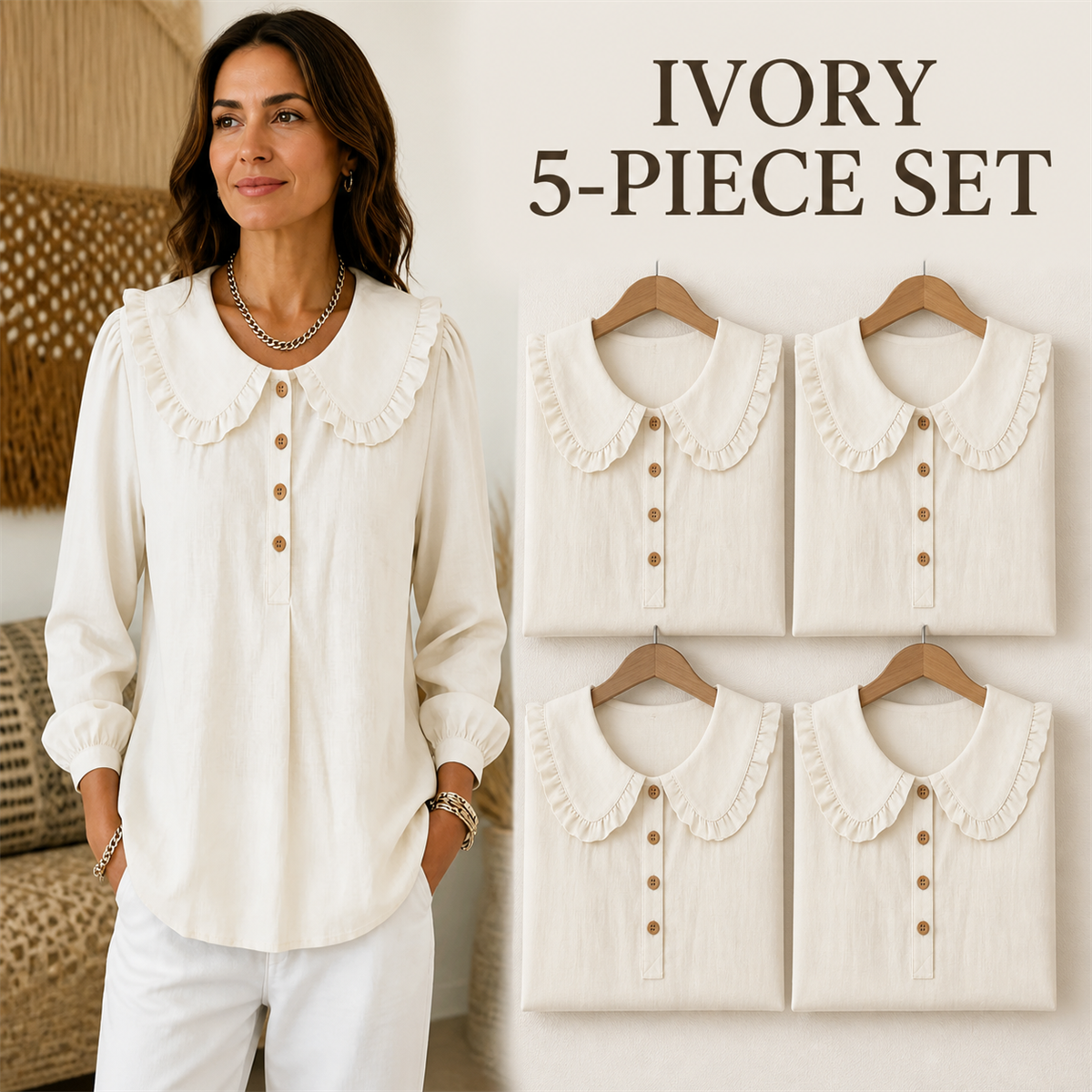 FINAL CLEARANCE - 10-Pack Only $38.99 - Women's Ruffle-Collar Long-Sleeve Button-Placket Blouse