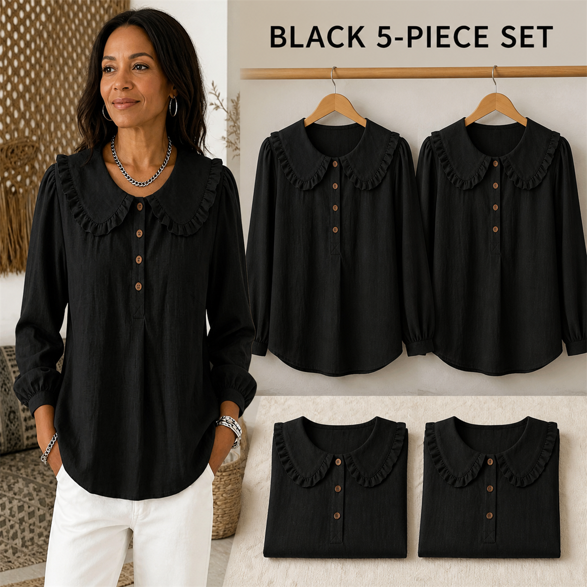 FINAL CLEARANCE - 10-Pack Only $38.99 - Women's Ruffle-Collar Long-Sleeve Button-Placket Blouse