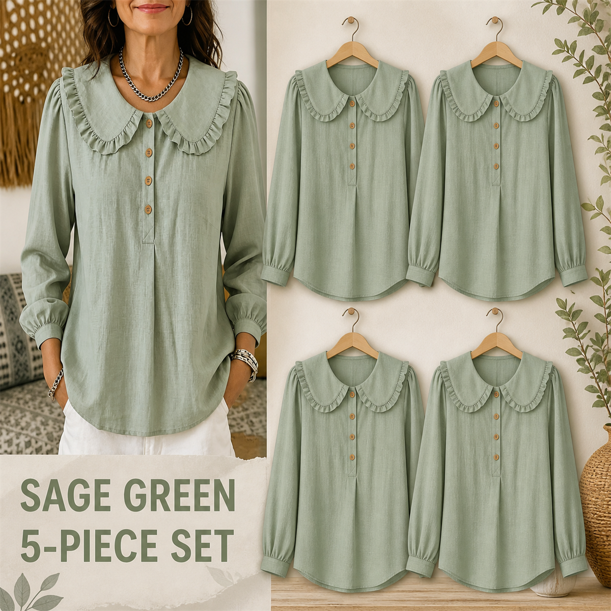 FINAL CLEARANCE - 10-Pack Only $38.99 - Women's Ruffle-Collar Long-Sleeve Button-Placket Blouse