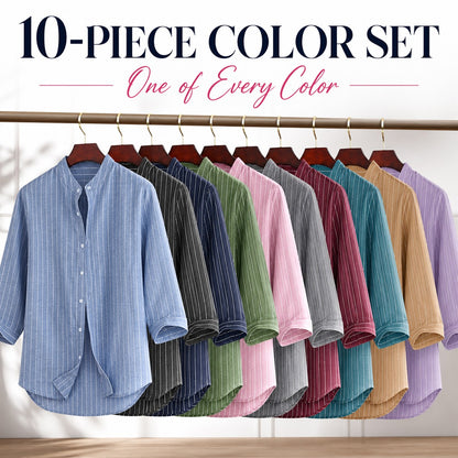 FINAL CLEARANCE - 10-Pack Only $38.99 - Women's Striped Band-Collar Three-Quarter Sleeve Button-Front Shirt