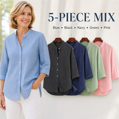 FINAL CLEARANCE - 10-Pack Only $38.99 - Women's Striped Band-Collar Three-Quarter Sleeve Button-Front Shirt