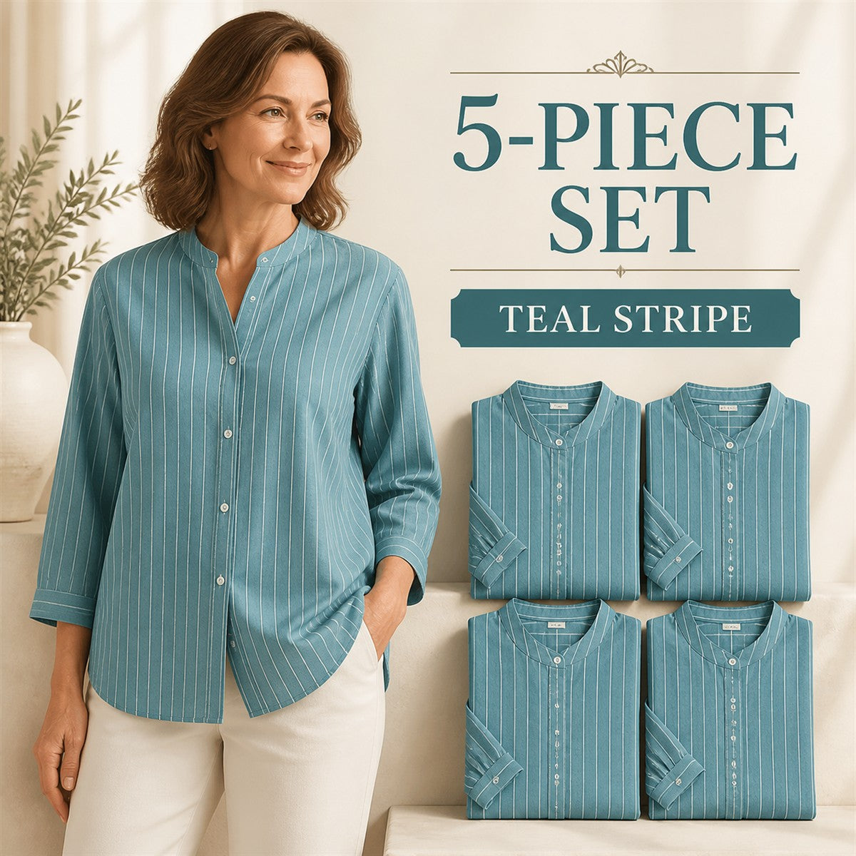 FINAL CLEARANCE - 10-Pack Only $38.99 - Women's Striped Band-Collar Three-Quarter Sleeve Button-Front Shirt