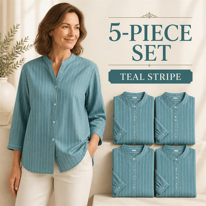 FINAL CLEARANCE - 10-Pack Only $38.99 - Women's Striped Band-Collar Three-Quarter Sleeve Button-Front Shirt