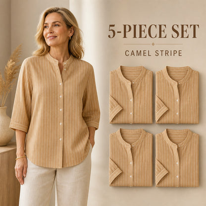 FINAL CLEARANCE - 10-Pack Only $38.99 - Women's Striped Band-Collar Three-Quarter Sleeve Button-Front Shirt