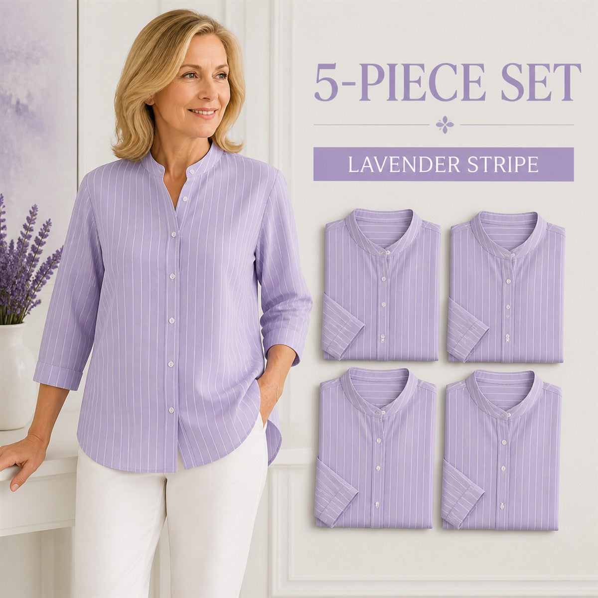 FINAL CLEARANCE - 10-Pack Only $38.99 - Women's Striped Band-Collar Three-Quarter Sleeve Button-Front Shirt
