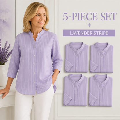 FINAL CLEARANCE - 10-Pack Only $38.99 - Women's Striped Band-Collar Three-Quarter Sleeve Button-Front Shirt