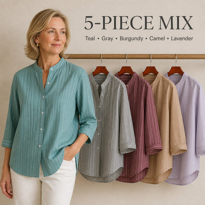 FINAL CLEARANCE - 10-Pack Only $38.99 - Women's Striped Band-Collar Three-Quarter Sleeve Button-Front Shirt