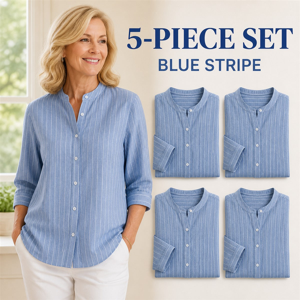 FINAL CLEARANCE - 10-Pack Only $38.99 - Women's Striped Band-Collar Three-Quarter Sleeve Button-Front Shirt