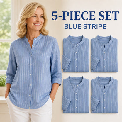 FINAL CLEARANCE - 10-Pack Only $38.99 - Women's Striped Band-Collar Three-Quarter Sleeve Button-Front Shirt