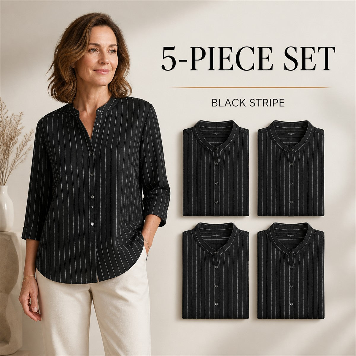 FINAL CLEARANCE - 10-Pack Only $38.99 - Women's Striped Band-Collar Three-Quarter Sleeve Button-Front Shirt
