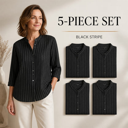 FINAL CLEARANCE - 10-Pack Only $38.99 - Women's Striped Band-Collar Three-Quarter Sleeve Button-Front Shirt