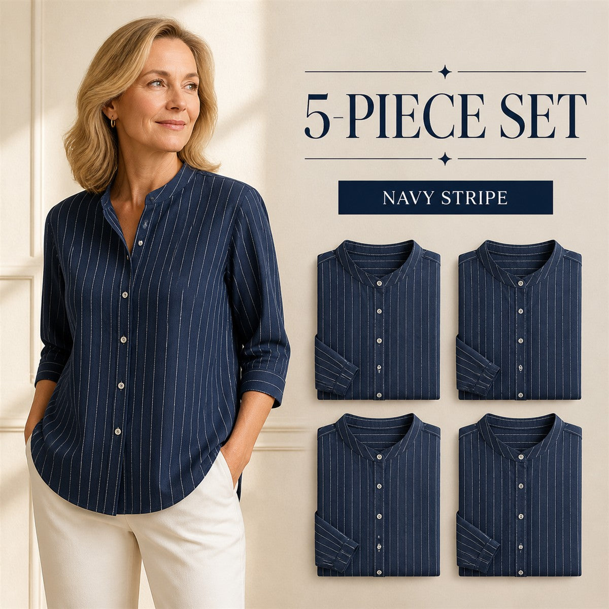 FINAL CLEARANCE - 10-Pack Only $38.99 - Women's Striped Band-Collar Three-Quarter Sleeve Button-Front Shirt