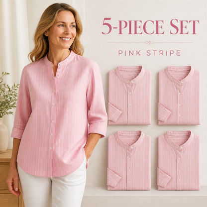 FINAL CLEARANCE - 10-Pack Only $38.99 - Women's Striped Band-Collar Three-Quarter Sleeve Button-Front Shirt