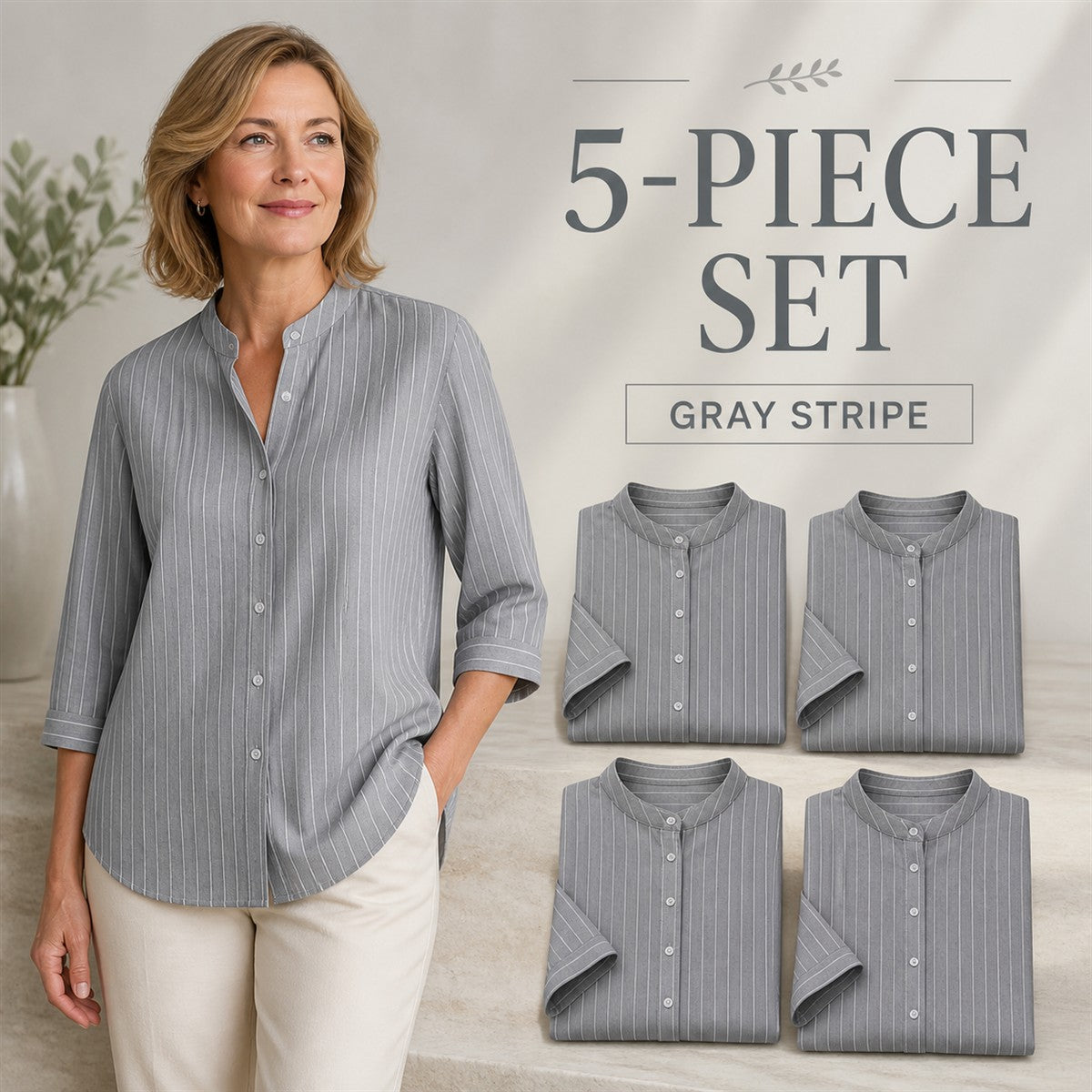 FINAL CLEARANCE - 10-Pack Only $38.99 - Women's Striped Band-Collar Three-Quarter Sleeve Button-Front Shirt