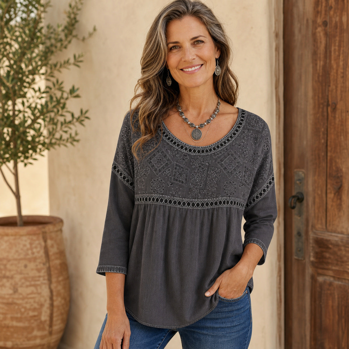 Women's Embroidered V-Neck Boho Blouse