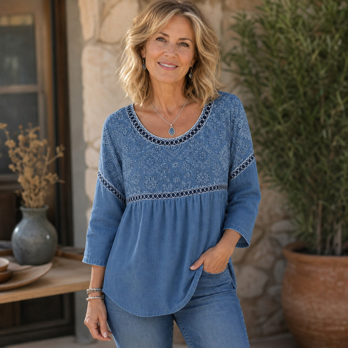 Women's Embroidered V-Neck Boho Blouse