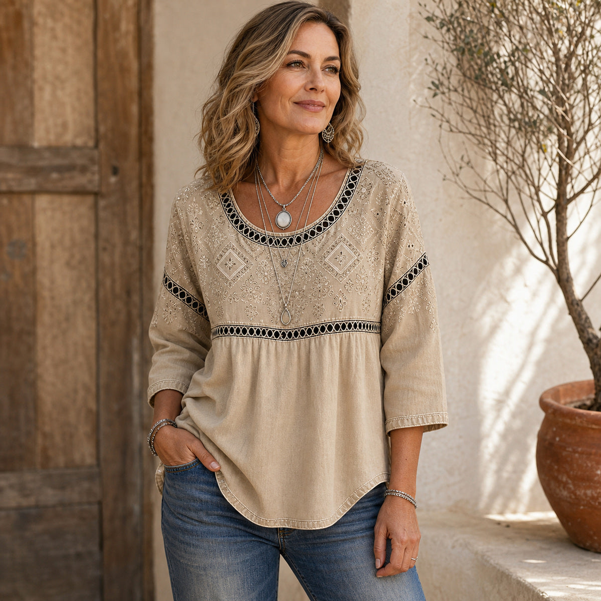 Women's Embroidered V-Neck Boho Blouse