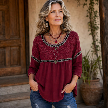 Women's Embroidered V-Neck Boho Blouse