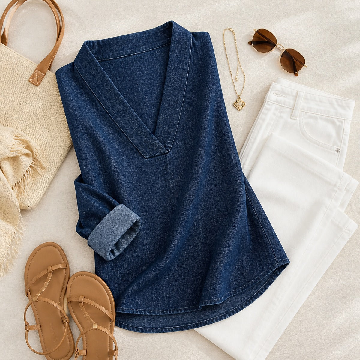 Women's Denim-Look V-Neck Tunic Blouse