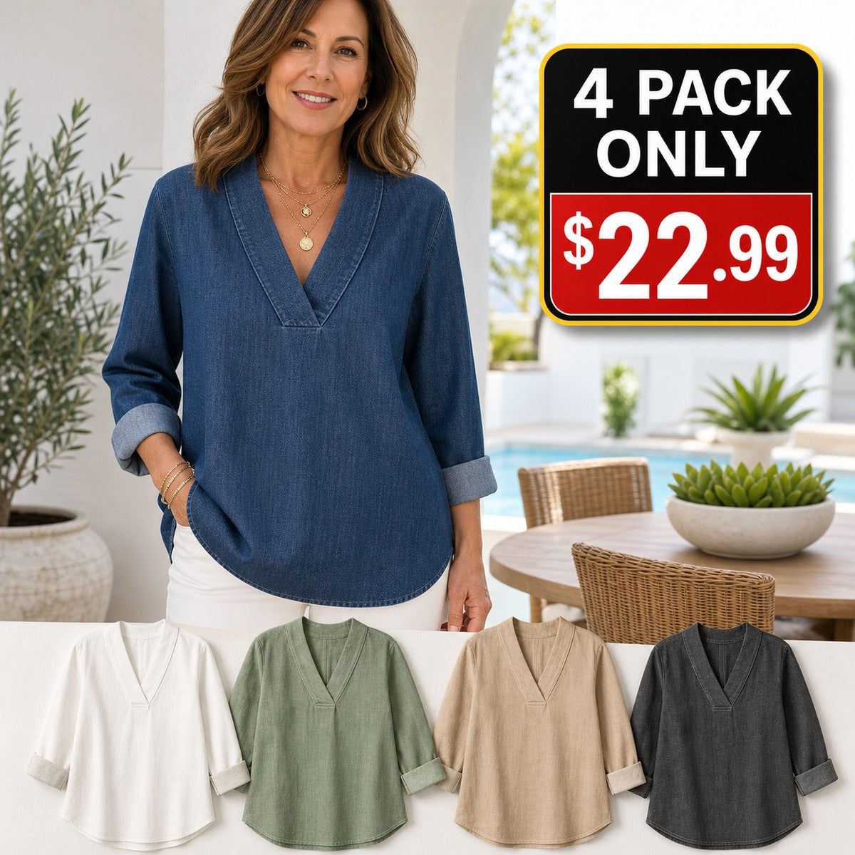 Women's Denim-Look V-Neck Tunic Blouse