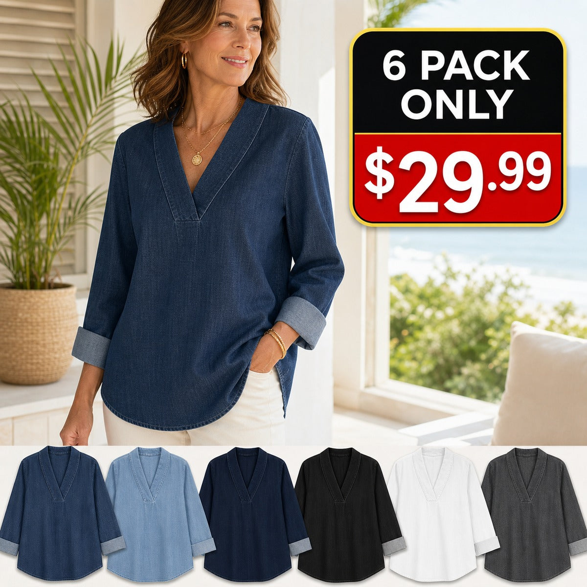 Women's Denim-Look V-Neck Tunic Blouse