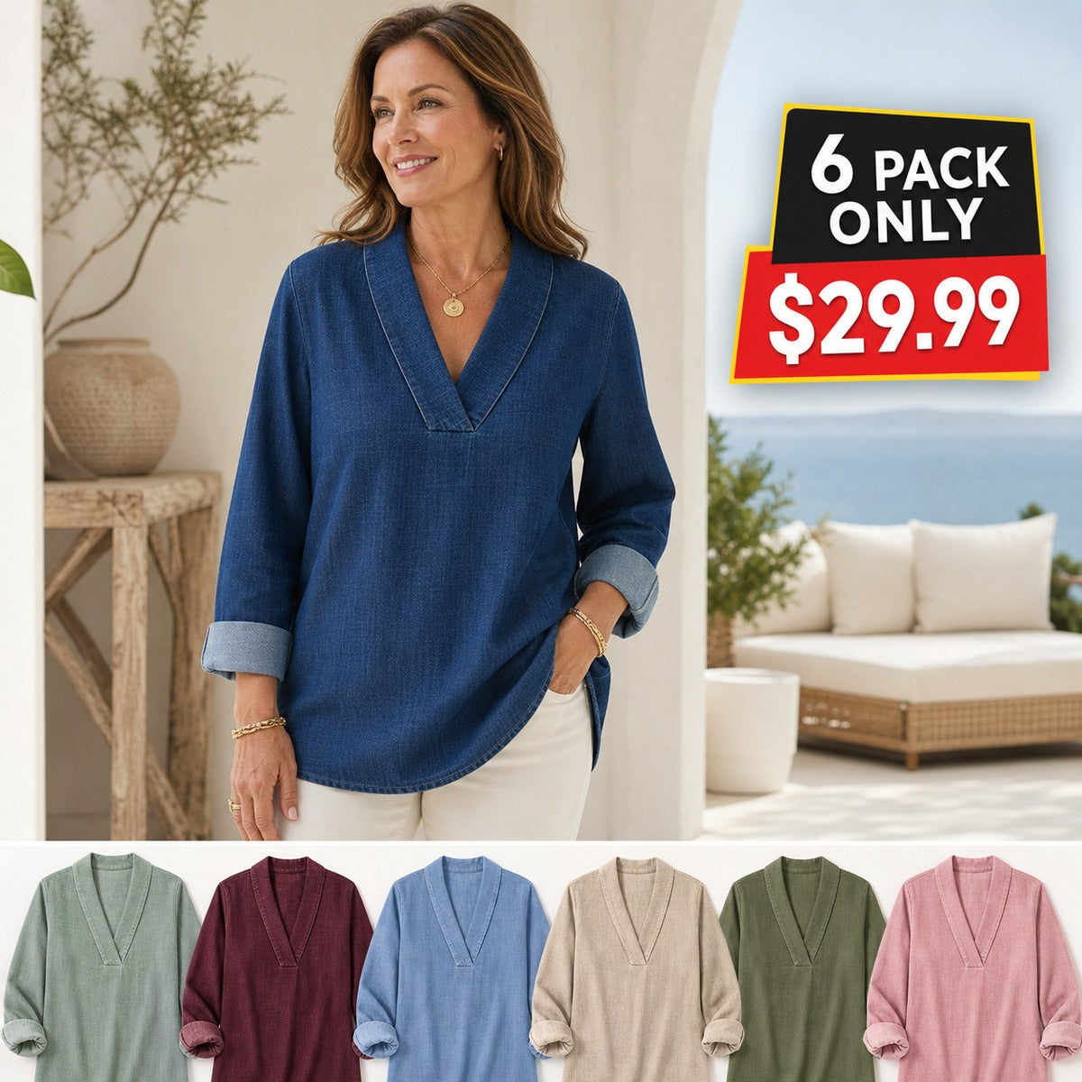 Women's Denim-Look V-Neck Tunic Blouse