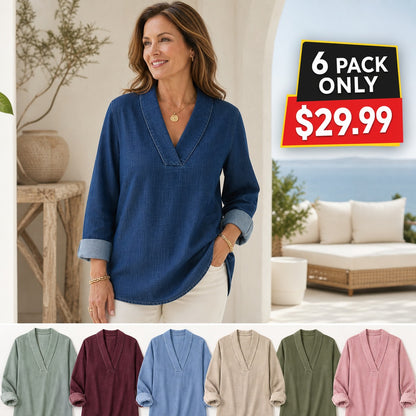 Women's Denim-Look V-Neck Tunic Blouse