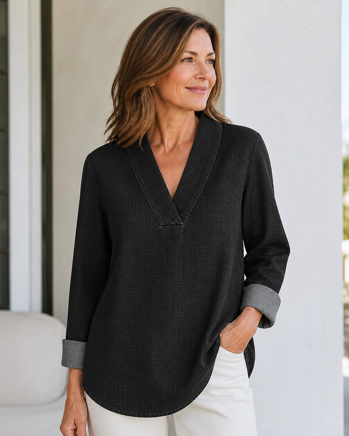 Women's Denim-Look V-Neck Tunic Blouse