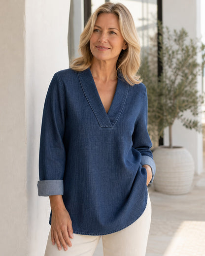 Women's Denim-Look V-Neck Tunic Blouse