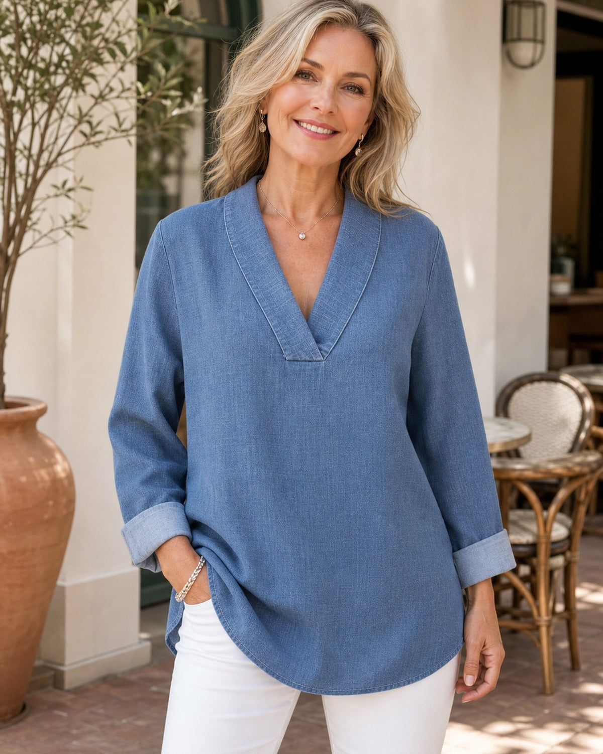 Women's Denim-Look V-Neck Tunic Blouse