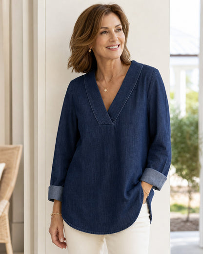 Women's Denim-Look V-Neck Tunic Blouse