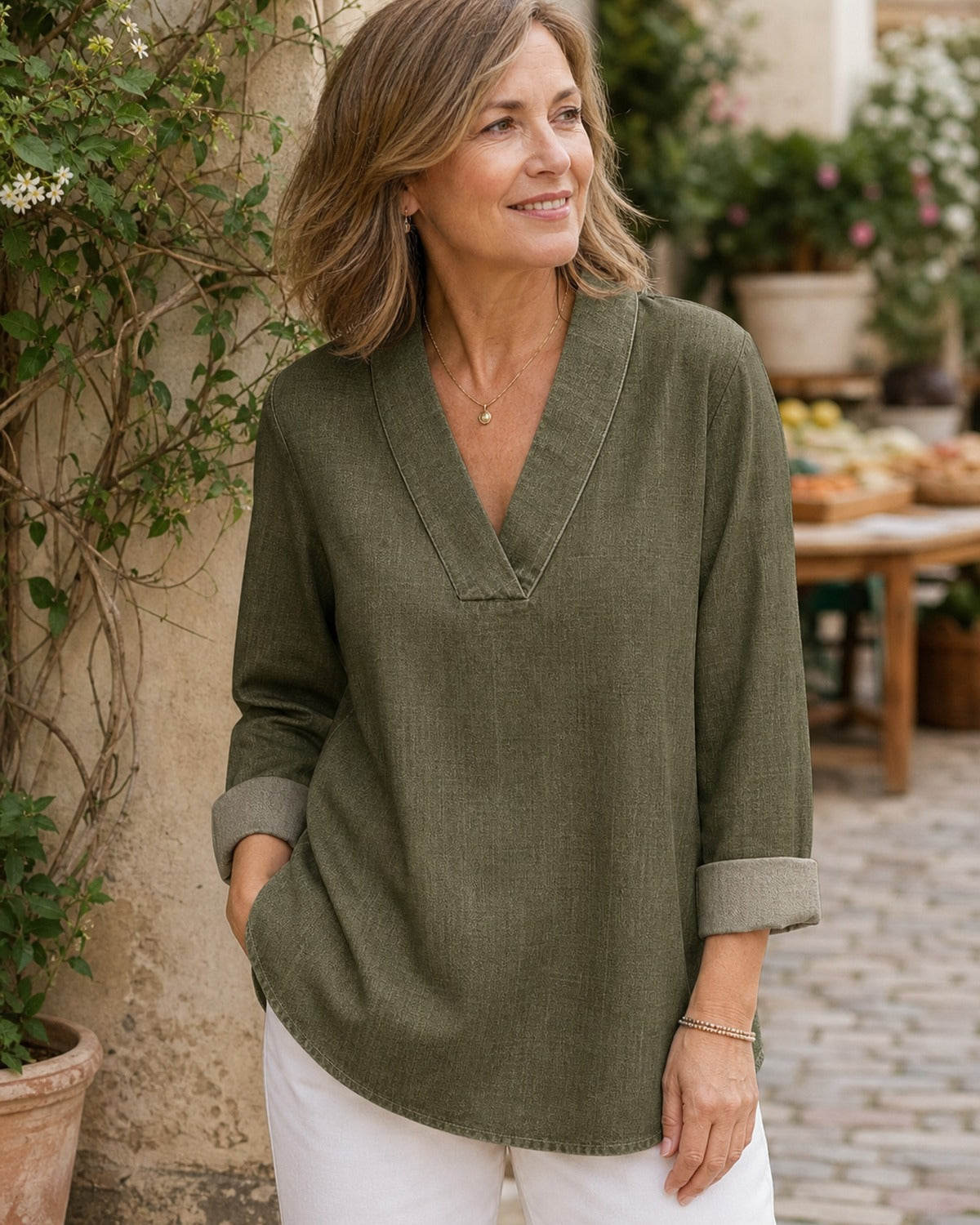 Women's Denim-Look V-Neck Tunic Blouse