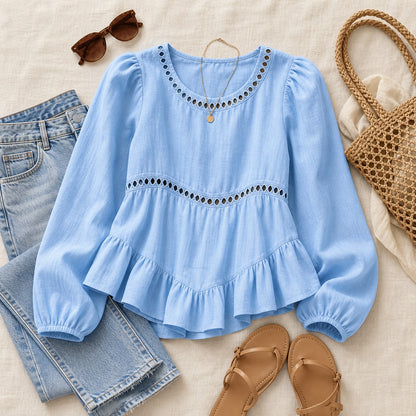 Women's Eyelet Trim Peplum Blouse