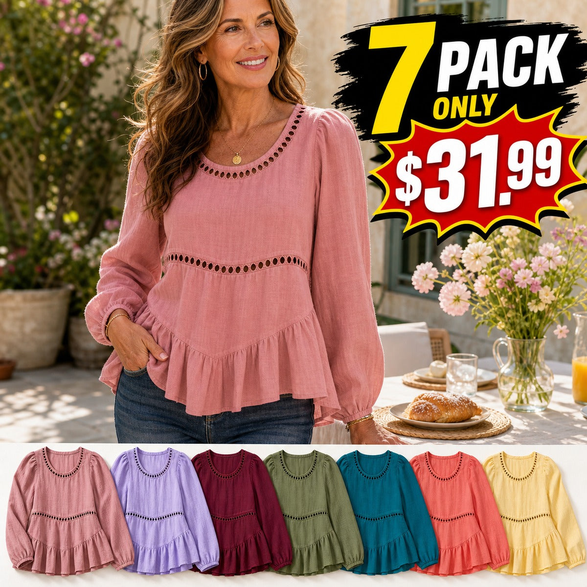 Women's Eyelet Trim Peplum Blouse