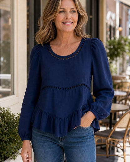 Women's Eyelet Trim Peplum Blouse